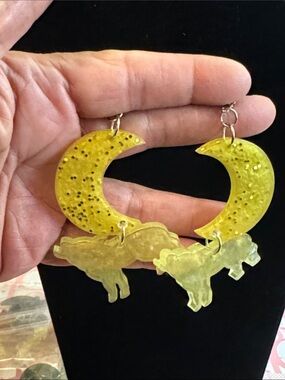 Yellow Crescent Moon / howling wolves Statement Earrings